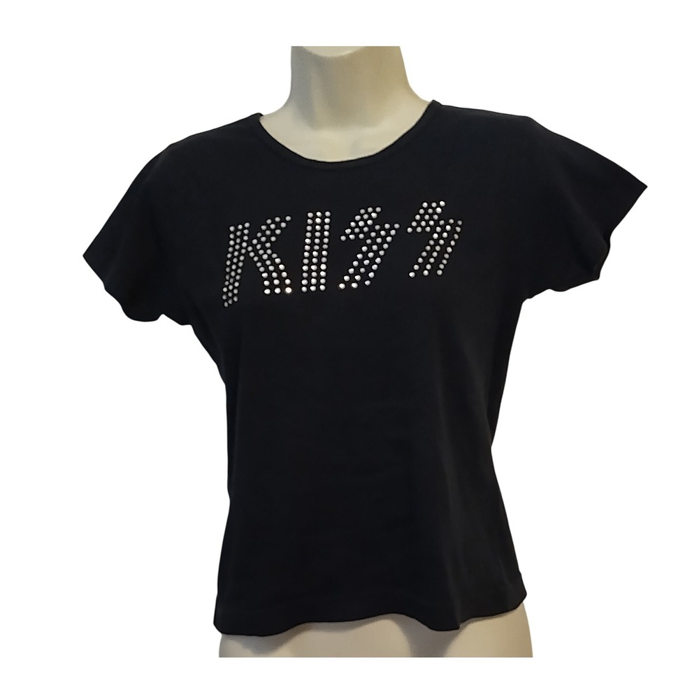 VGaziani KISS Rhinestone Graphic T-shirt Women Medium Black Studded Short Sleeve